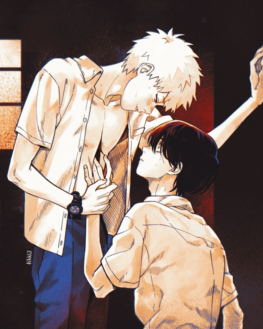 2boys artist_name black_hair blue_pants deep_wound eye_contact guiding_hand hair_between_eyes highres hikaru_(hikaru_ga_shinda_natsu) hikaru_ga_shinda_natsu injury looking_at_another male_focus multiple_boys open_clothes open_shirt pants shirt short_hair short_sleeves tikklil tsujinaka_yoshiki watch white_hair white_shirt wristwatch yaoi