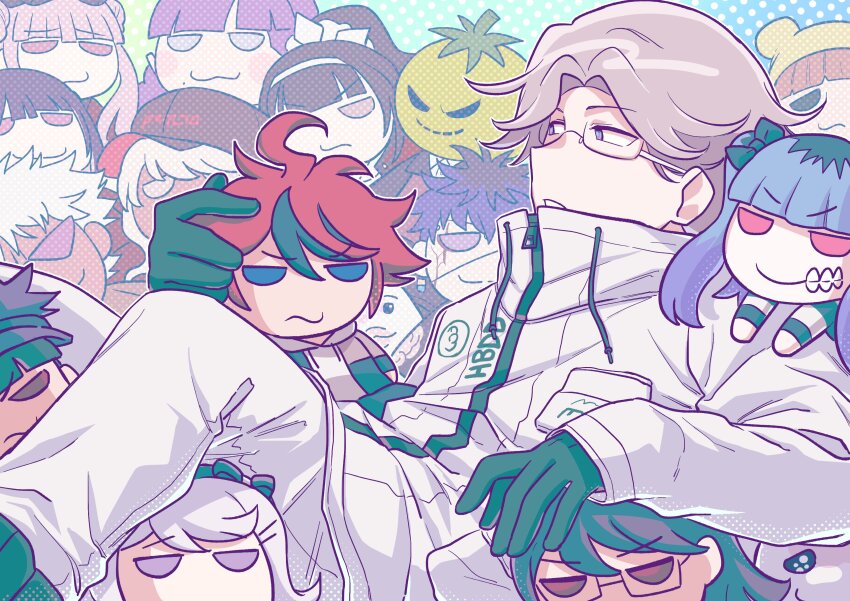 1boy absurdres amemiya_darumi aotsuki_eito black_gloves character_doll doll dotted_background ginzaki_shouma glasses gloves gradient_background grey_hair highres holding holding_doll jacket kawana_tsubasa kirifuji_nozomi kouya_aotsuki magadori_kyoshika male_focus maruko_gaku mojiro_moko nigou_(hundred_line) omokage_yugamu oosuzuki_kurara pants purple_eyes shizuhara_hiruko sirei_(hundred_line) solo sumino_takumi the_hundred_line_-last_defense_academy- tsukumo_ima tsukumo_kako vincent-san white_jacket white_pants yakushiji_takemaru