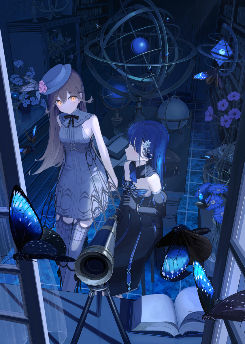 2girls armillary_sphere ascot bare_shoulders black_bow black_bowtie black_gloves blue_ascot blue_eyes blue_hair book bow bowtie bracelet bug butterfly butterfly_hair_ornament celestial_globe curtains elbow_gloves flower gloves glowing glowing_eyes hair_ornament hat hat_flower highres insect jewelry looking_at_another mikisai multiple_girls open_book original sideways_glance smile telescope tile_floor tiles window yellow_eyes