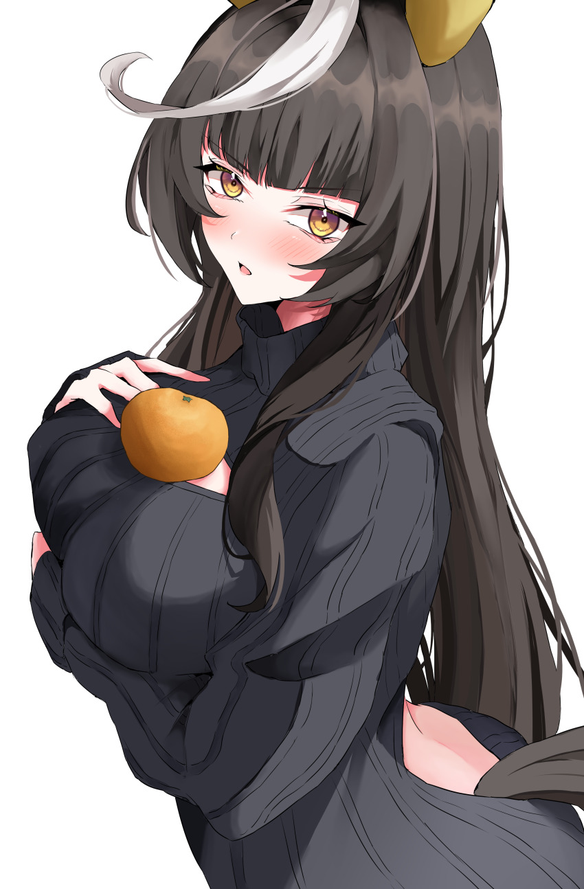 1girl absurdres animal_ears black_hair blunt_bangs breasts calstone_light_o_(umamusume) cleavage commentary_request food fruit hair_ornament highres hime_cut horse_ears horse_girl horse_tail orange_(fruit) potechitarou simple_background solo sweater tail textless_version umamusume white_background yellow_eyes