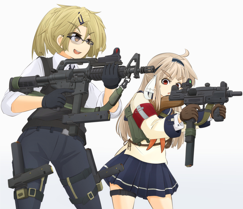 2girls armband belt black-framed_eyewear black_belt black_gloves black_neckwear black_pants black_vest blouse blue_hairband blue_skirt brown_gloves clothes_pin colt_9mm_smg commentary_request cowboy_shot dress_shirt frown glasses gloves gradient_background grey_background gun hair_ornament hairband hairclip highres holding holding_gun holding_weapon leaning_forward long_sleeves looking_at_another machine_pistol magazine_(weapon) md5_mismatch mikeran_(mikelan) military miniskirt multiple_girls neckerchief necktie open_mouth original over-rim_eyewear pants pleated_skirt red_eyes red_neckwear resolution_mismatch school_uniform semi-rimless_eyewear serafuku shirt silver_hair simple_background single_horizontal_stripe skirt sleeves_rolled_up smile source_larger submachine_gun sweatdrop thigh_strap trigger_discipline uzi vest weapon white_background white_shirt wing_collar
