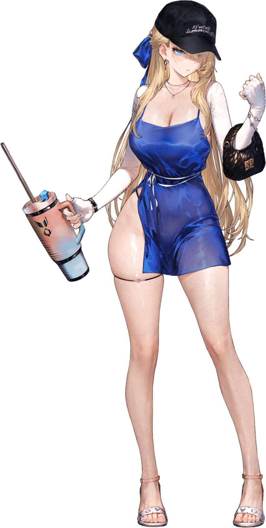 1girl bag baseball_cap black_bag black_hat blonde_hair blue_eyes breasts brown_dust_(series) brown_dust_2 cup dress earrings game_cg hair_over_one_eye hair_ribbon hand_up handbag hat high_heels highres holding holding_cup jewelry large_breasts legs long_hair necklace non-web_source ribbon short_dress side_slit simple_background sleeveless sleeveless_dress solo thigh_strap toes transparent_background wilhelmina_(brown_dust)