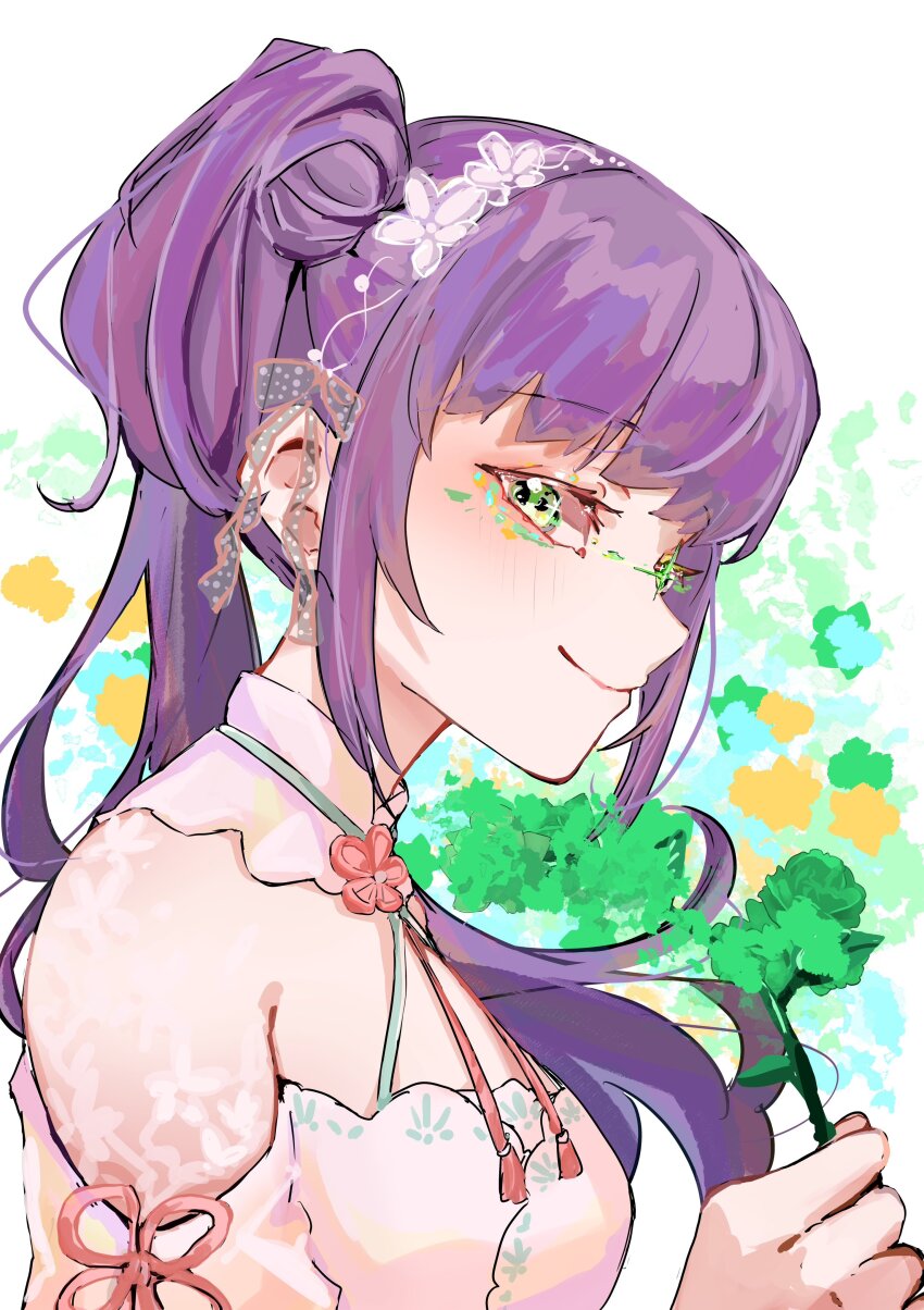 1girl absurdres aoku_haruka/flower blue_background breasts commentary dress flower flower_knot green_background green_eyes green_flower hair_bun halter_dress halterneck highres holding holding_flower jin_(oihlf) link!_like!_love_live! long_hair looking_at_viewer love_live! medium_breasts multicolored_background official_alternate_costume otomune_kozue profile purple_hair side_ponytail sidelocks single_side_bun smile solo upper_body virtual_youtuber white_background white_dress yellow_background