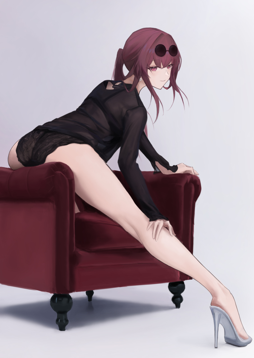 1girl absurdres arm_support ass bare_legs black_shirt chinese_commentary commentary_request couch earrings eyelashes eyewear_on_head full_body grey_background hair_between_eyes hand_on_own_leg high_heels highres honkai:_star_rail honkai_(series) jewelry kafka_(honkai:_star_rail) kong_zhizen lace lace_panties legs long_hair long_sleeves looking_at_viewer looking_back on_couch panties parted_lips ponytail purple_eyes purple_hair shadow shirt sidelocks simple_background smile solo stiletto_heels thighs underwear white_footwear