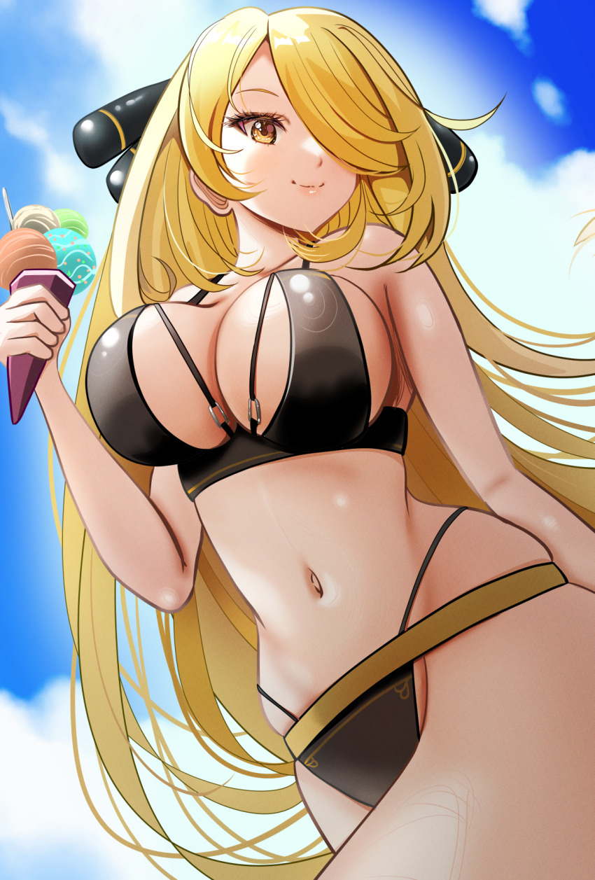 1girl agedashi_doufu_mk23 alternate_eye_color bikini black_bikini blonde_hair breasts cloud cynthia_(pokemon) day female_focus food from_below hair_between_eyes hair_ornament hair_over_one_eye highleg highleg_bikini highres holding holding_food holding_ice_cream ice_cream ice_cream_cone large_breasts long_hair looking_at_viewer matching_hair/eyes navel nintendo outdoors pokemon pokemon_dppt sky smile solo swimsuit very_long_hair wide_hips yellow_eyes