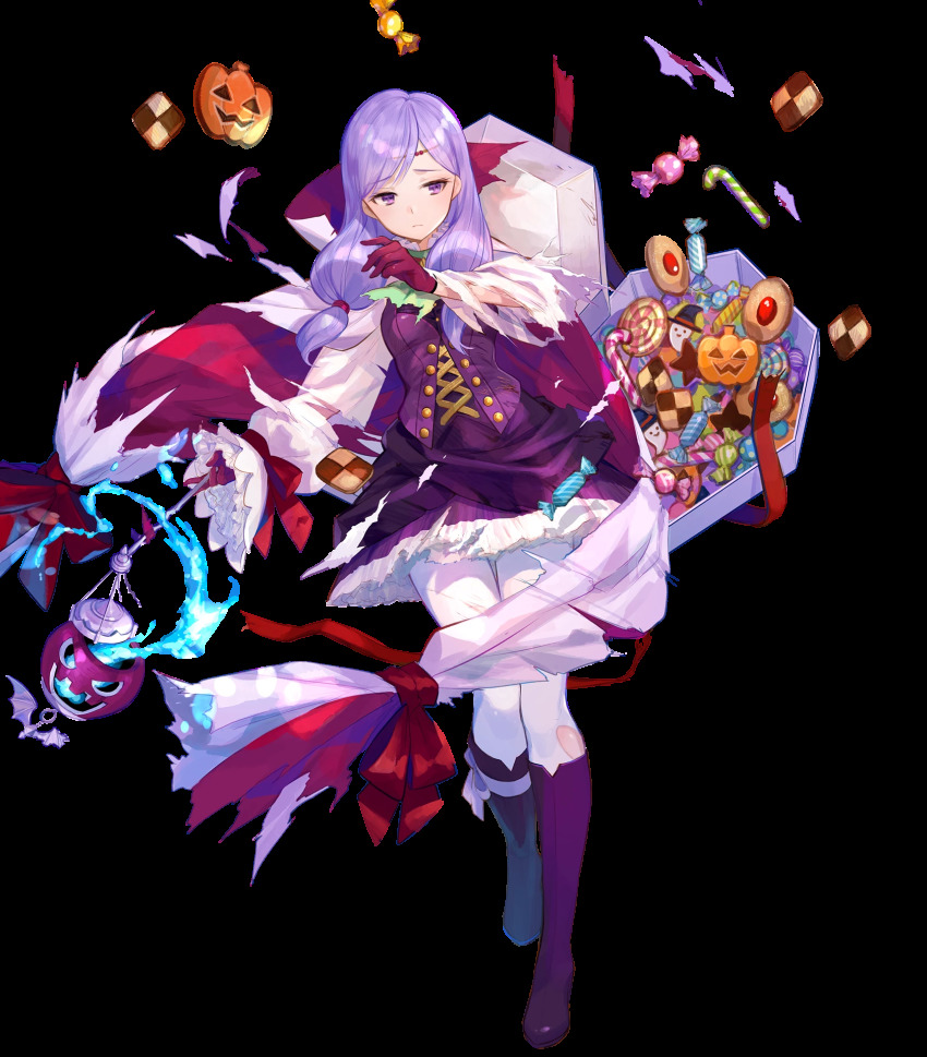 1girl alternate_costume boots breasts buttons candy cape circlet closed_mouth detached_sleeves dress female_focus fire_emblem fire_emblem:_path_of_radiance fire_emblem:_radiant_dawn fire_emblem_heroes food full_body fuzichoco gloves hair_ornament halloween_costume highres holding ilyana_(fire_emblem) ilyana_(halloween)_(fire_emblem) jewelry knee_boots long_hair long_sleeves looking_away medium_breasts nintendo official_art pantyhose purple_boots purple_eyes purple_gloves purple_hair short_dress skirt solo torn_clothes transparent_background white_pantyhose