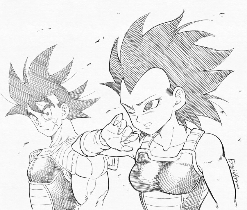 1boy 1girl armor bardock breasts commentary cross_scar dragon_ball dragon_ball_minus eegiiartto facial_scar gine highres husband_and_wife monochrome muscular muscular_male one_eye_closed saiyan_armor scar scar_on_cheek scar_on_face shoulder_armor signature small_breasts wind