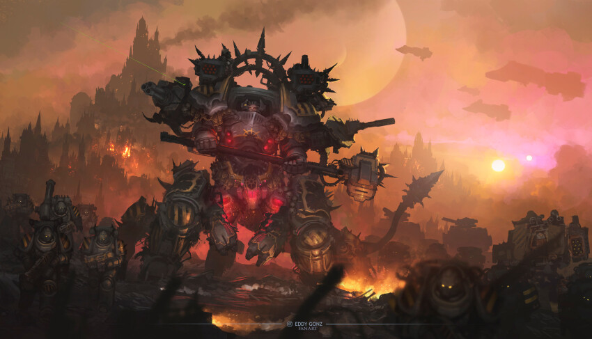 6+boys absurdres architecture armor armored_boots artist_name black_armor boots breastplate chaos_(warhammer) eddygonzlezdvila extra_arms full_armor gauntlets gothic_architecture greaves hammer highres holding holding_hammer holding_weapon instagram_logo iron_warriors laser laser_sight missile_pod moon multiple_boys ornate ornate_armor pauldrons perturabo power_armor primarch red_eyes red_light shoulder_armor skull solo_focus spacecraft sun sunlight sword terminator_armor vambraces war_hammer warhammer_40k weapon yellow_eyes