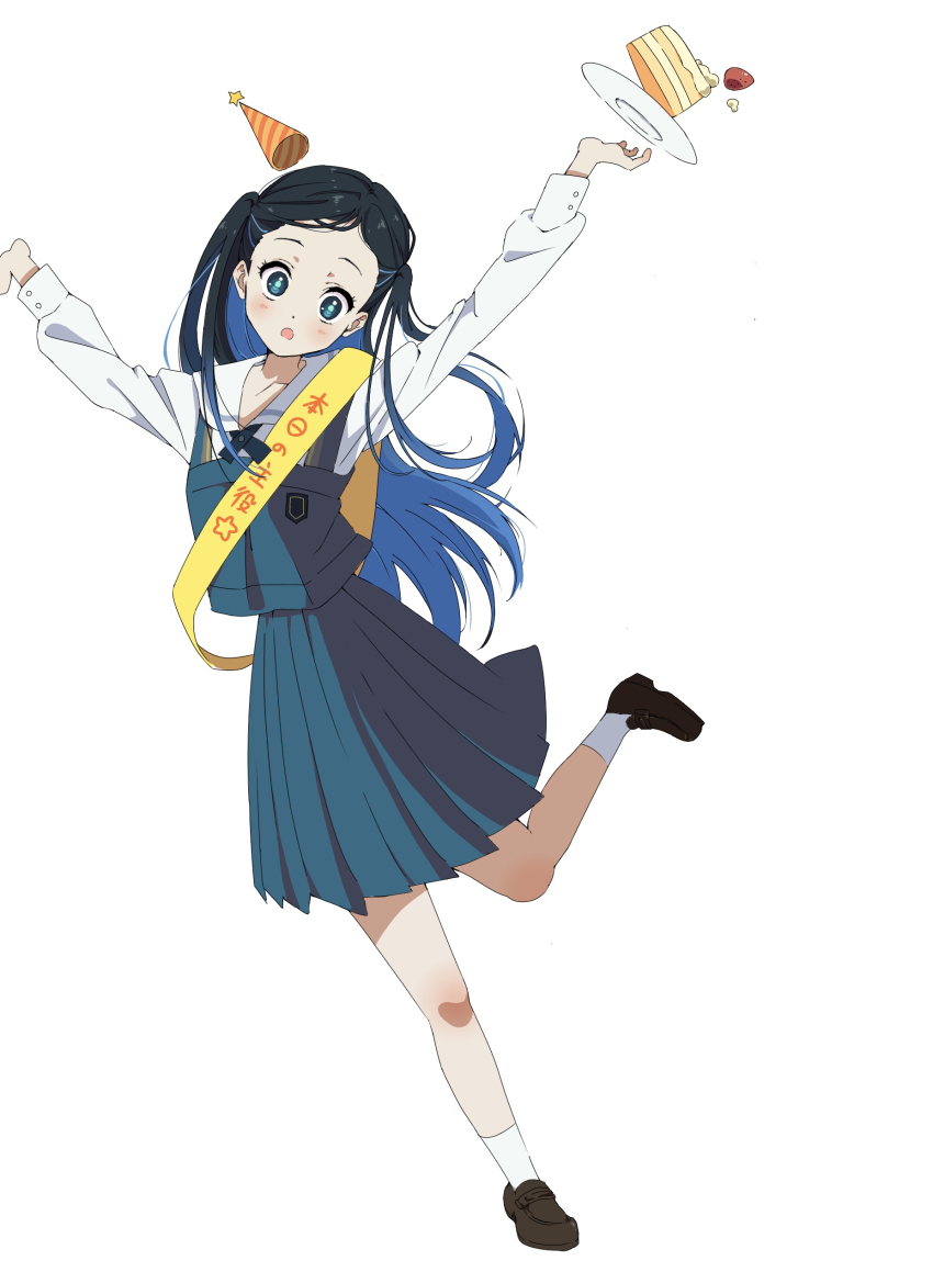 1girl 22/7 absurdres aqua_eyes aqua_hair arms_up birthday_cake birthday_sash black_hair blue_skirt blush brown_shoes cake food full_body gradient_hair half_updo happy_birthday hat highres leg_up loafers long_hair long_sleeves multicolored_hair nishiura_sora open_mouth party_hat plate pleated_skirt shirt shoes simple_background skirt socks solo strawberry_shortcake surprised tanpaku_(oqu_2) two_side_up white_background white_shirt white_socks