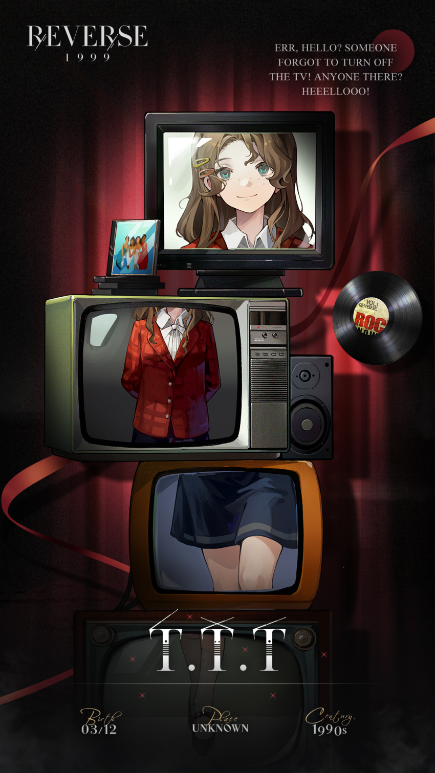1girl arms_behind_back black_shoes blue_eyes blue_skirt brown_hair cd_case character_name collared_shirt copyright_name cowboy_shot crt curly_hair english_text freckles hair_ornament hairclip highres jacket logo long_hair long_sleeves looking_at_viewer mary_janes miniskirt neck_ribbon official_art parted_bangs plaid_clothes plaid_jacket record red_background red_curtains red_jacket reverse:1999 ribbon shirt shoes skirt smile socks solo speaker spotlight television ttt_(reverse:1999) white_ribbon white_shirt white_socks