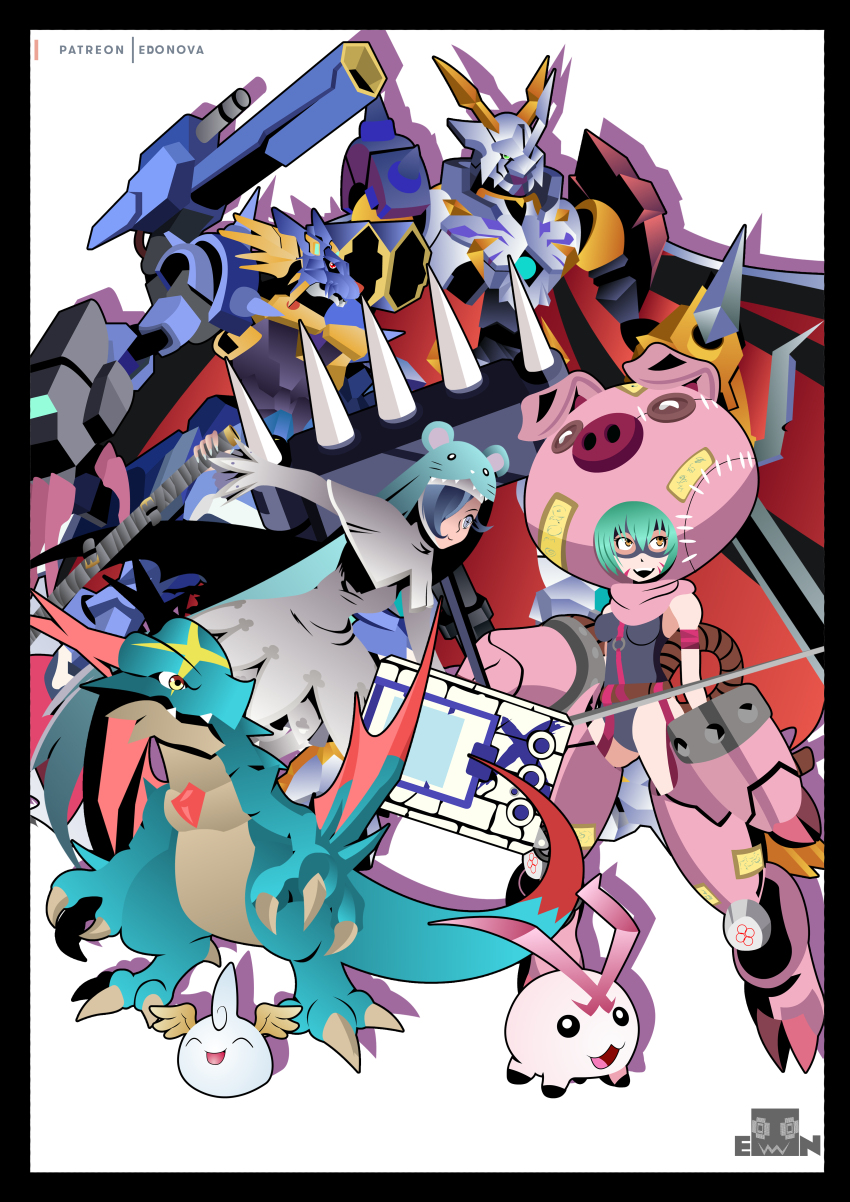 absurdres angel cho-hakkaimon digimon digimon_(creature) dracomon dracomon_x-antibody hat highres metalgarurumon metalgarurumon_x-antibody nun omegamon omegamon_x-antibody puttimon rabbit sistermon_blanc smile tokomon tokomon_x-antibody wings