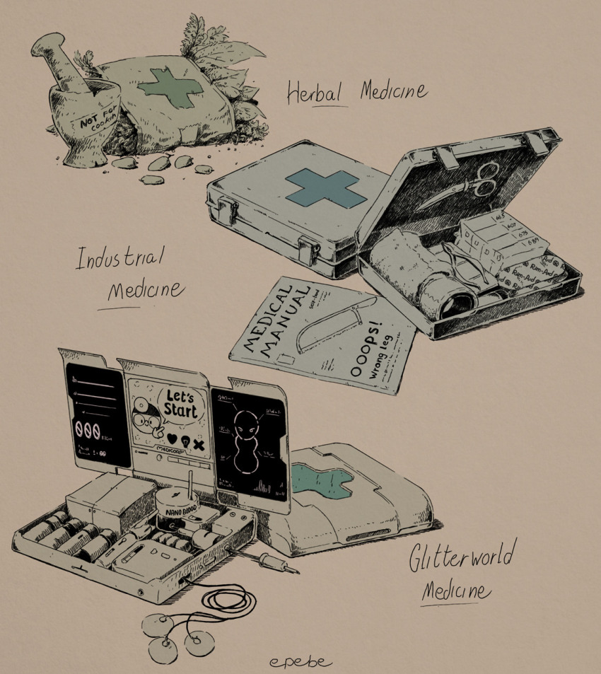 bandages doctor english_text epebe first_aid_kit gauze hacksaw heart highres leaf medicine monitor mortar_(bowl) no_humans pestle pouch rimworld saw scissors seed signature