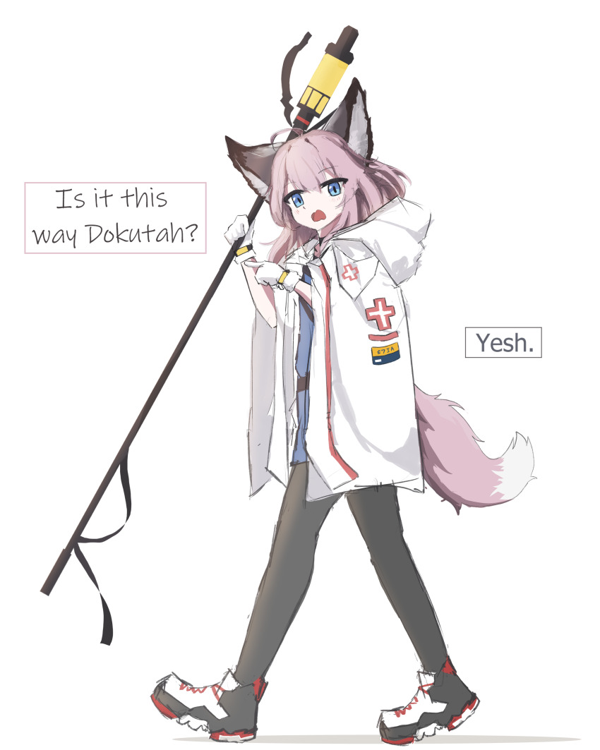 1girl absurdres animal_ears arknights black_pantyhose blue_eyes commentary cross english_commentary english_text full_body gloves greek_cross hair_between_eyes highres holding holding_staff looking_at_viewer medium_hair open_mouth pantyhose pink_hair pointing red_cross s7ia-(shia) simple_background sketch solo staff standing sussurro_(arknights) tail typo walking white_background white_gloves