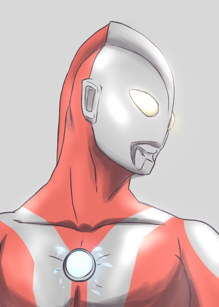 1boy alien close-up collarbone color_timer commentary compound_eyes dorsal_fin glowing glowing_eyes grey_background highres looking_to_the_side muscular muscular_male neck pectoral_focus pectorals simple_background solo solo_focus tokusatsu ultra_series ultraman ultraman_(1st_series) upper_body yellow_eyes zephyranthes54