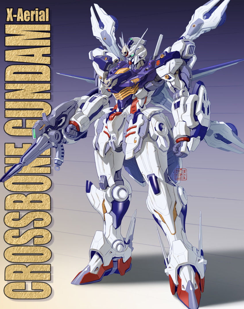 absurdres arm_shield artist_logo beam_rifle character_name clenched_hand commentary_request crossbone_gundam crossbone_gundam_x-1 energy_gun full_body fusion gradient_background green_eyes gun gundam gundam_aerial gundam_suisei_no_majo highres holding holding_gun holding_weapon logo maeda_hiroyuki mecha mobile_suit no_humans robot science_fiction shadow skull solo standing v-fin weapon