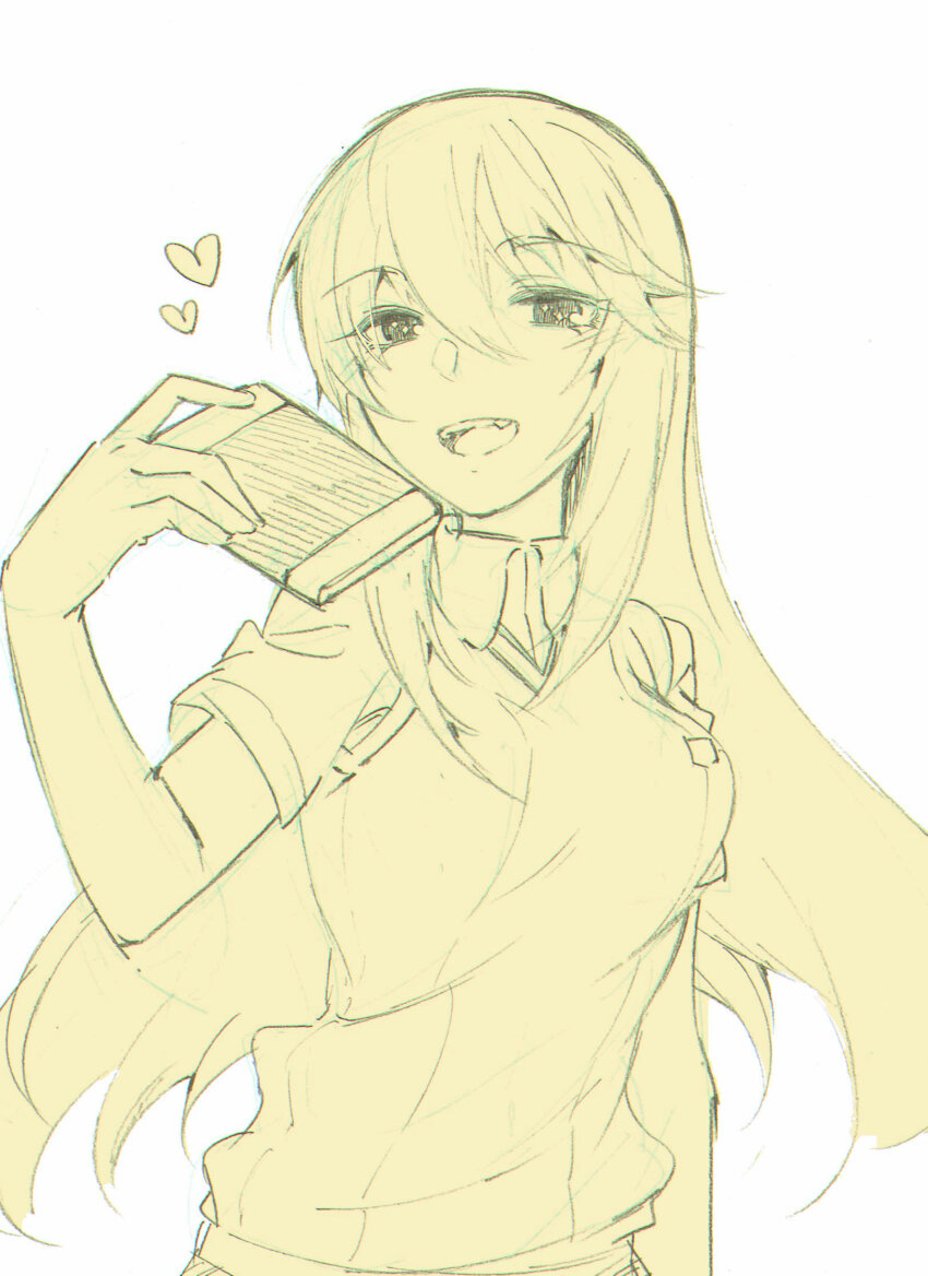 +_+ 1girl blush breasts collared_shirt commentary_request cowboy_shot hair_between_eyes heart higashizukihi_sei highres holding large_breasts limited_palette long_hair looking_at_viewer monochrome open_mouth phone school_uniform shirt shokuhou_misaki short_sleeves simple_background smile solo sweater_vest symbol-shaped_pupils teeth toaru_majutsu_no_index tokiwadai_school_uniform tongue upper_body very_long_hair white_background