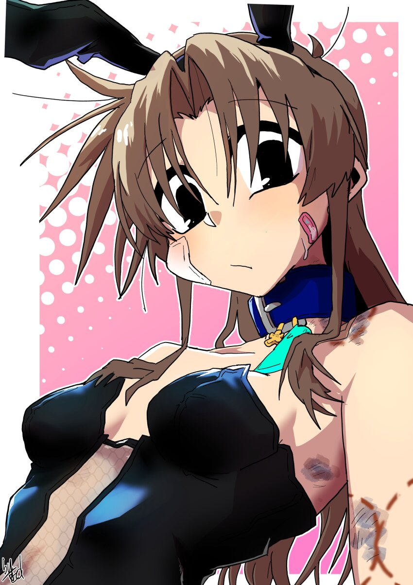 1girl absurdres aged_down animal_ears bandaid bandaid_on_cheek bandaid_on_face black_eyes black_leotard blue_collar border breasts brown_hair bruise bruise_on_arm closed_mouth collar collarbone ed-chan_(edkuroki) edkuroki fake_animal_ears from_below gauze gauze_on_cheek gauze_on_shoulder hickey highres injury leotard long_hair looking_at_viewer messy_hair original outline pink_background playboy_bunny rabbit_ears sidelocks signature small_breasts strapless strapless_leotard sweat white_border white_outline