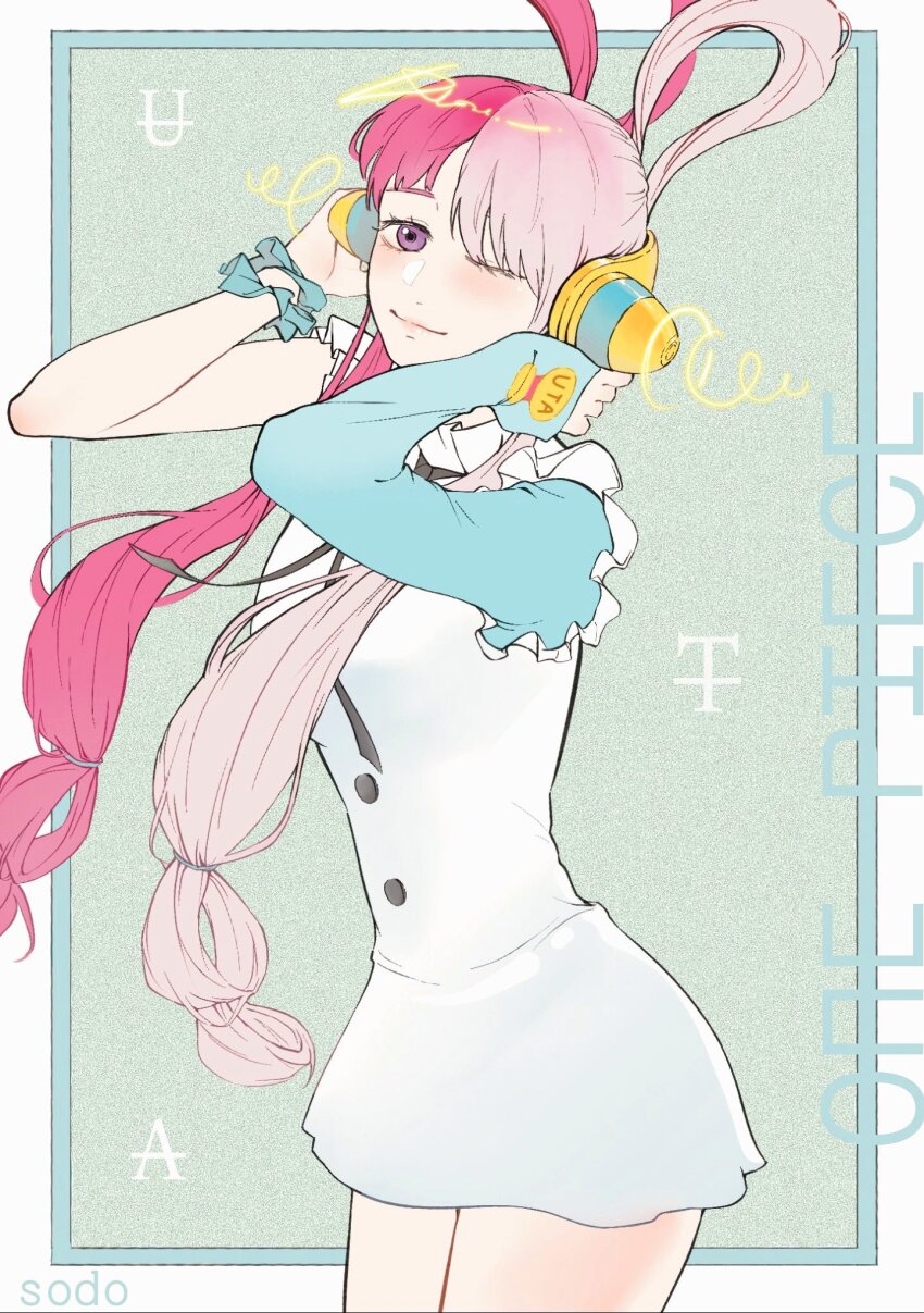1girl asymmetrical_bangs blue_sleeves blush closed_mouth commentary copyright_name cowboy_shot detached_sleeves dress hair_over_one_eye hair_rings headphones highres long_hair looking_at_viewer multicolored_hair one_piece one_piece_film:_red pink_hair single_detached_sleeve sodo1758love solo symbol-only_commentary twintails two-tone_hair uta_(one_piece) white_dress white_hair