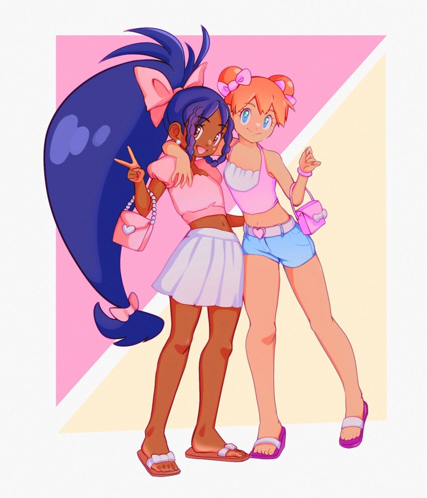 2girls alternate_costume alternate_hairstyle armpits ass asymmetrical_hair back bare_arms bare_shoulders cowboy_shot dark-skinned_female dark_skin denim denim_shorts female_focus flat_chest gen_1_pokemon gen_5_pokemon green_eyes gym_leader hair_bun hair_tie highres iris iris_(pokemon) long_hair looking_at_viewer milah misty_(pokemon) multiple_girls navel nintendo orange_hair pink_shirt pokemon pokemon_bw2 pokemon_rgby ponytail purple_hair sandals shirt short_hair short_shorts shorts skirt smile v