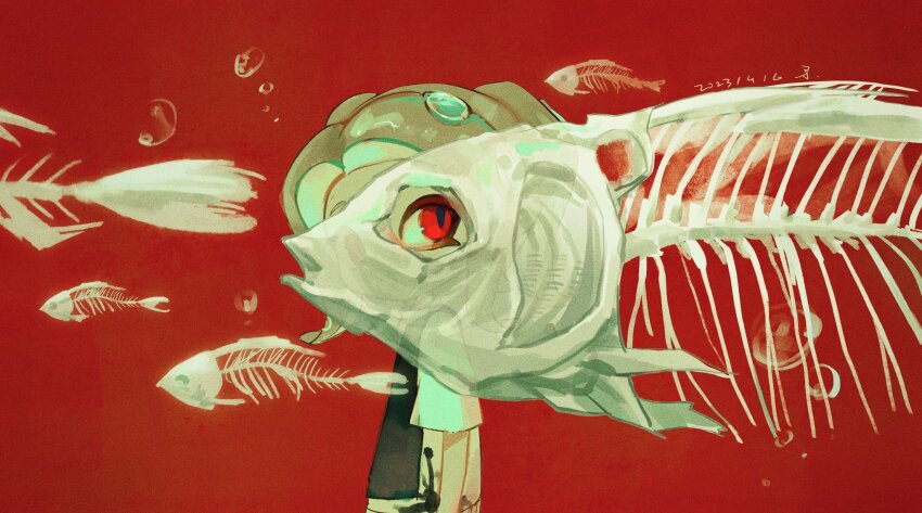 1girl apron black_apron bubble character_request check_character chinese_commentary commentary_request dated fish_skeleton highres ink_splatter long_eyelashes looking_at_viewer nintendo octoling octoling_girl octoling_player_character red_background red_eyes sanyue_xun shirt short_hair short_sleeves signature slit_pupils solo splatoon_(series) splatoon_3 tentacle_hair upper_body white_hair white_shirt