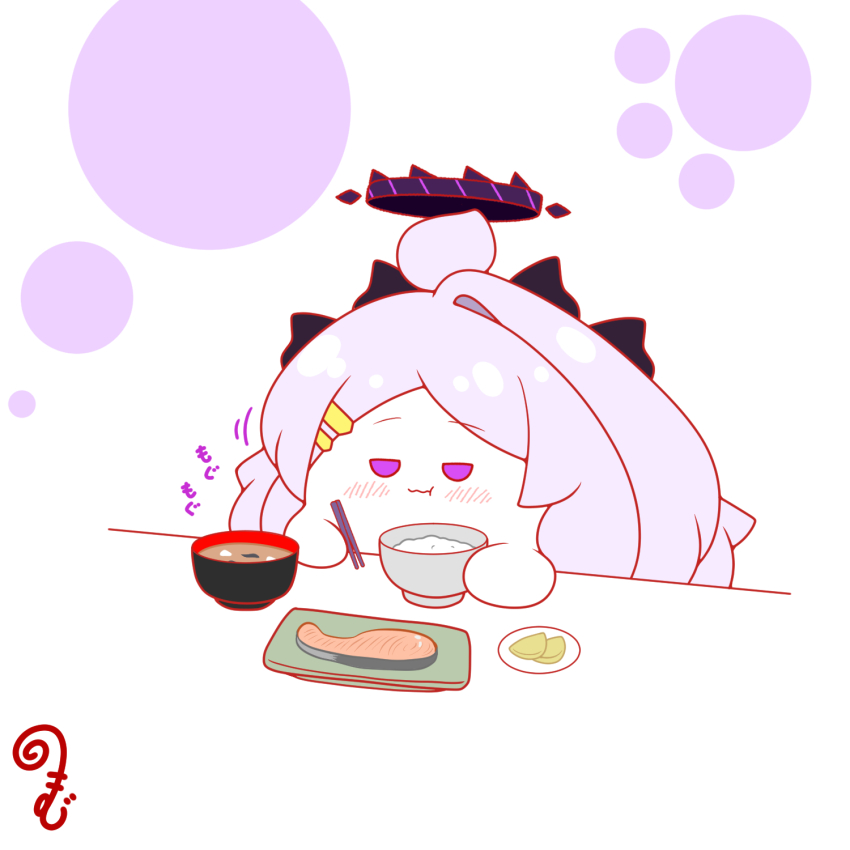 :t ahoge blue_archive blush bowl chibi chopsticks closed_mouth eating grey_hair hair_ornament hairclip halo highres hina_(blue_archive) holding holding_bowl holding_chopsticks horns kurukurumagical long_hair motion_lines parted_bangs plate purple_eyes rice rice_bowl single_hair_intake solo upper_body wavy_mouth white_background