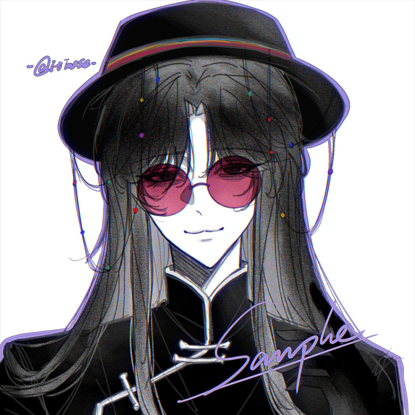 1boy :3 beads chinese_clothes chinese_commentary closed_mouth commentary_request glasses glorybluerain greyscale hat highres huai_yunqing long_hair male_focus mandarin_collar monochrome outline parted_bangs pink-tinted_eyewear portrait purple_outline round_eyewear sample_watermark simple_background smile solo spot_color tinted_eyewear touqi_guaitan watermark white_background