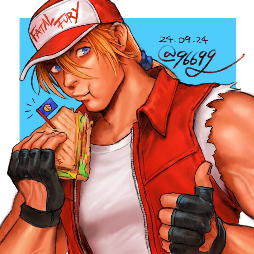 1boy :t bad_tag bare_shoulders baseball_cap biceps black_gloves blonde_hair blue_eyes border chewing collared_jacket commentary_request crew_neck crossover dated eating fatal_fury fingerless_gloves food glove_cutout gloves hair_behind_ear hair_between_eyes hat highres holding holding_food holding_sandwich jacket kurononekojyo logo long_hair male_focus outside_border ponytail sandwich shirt sideways_glance solo street_fighter street_fighter_6 terry_bogard thumbs_up torn_clothes torn_sleeves unzipped upper_body veins veiny_arms veiny_hands white_border white_shirt wing_collar zipper
