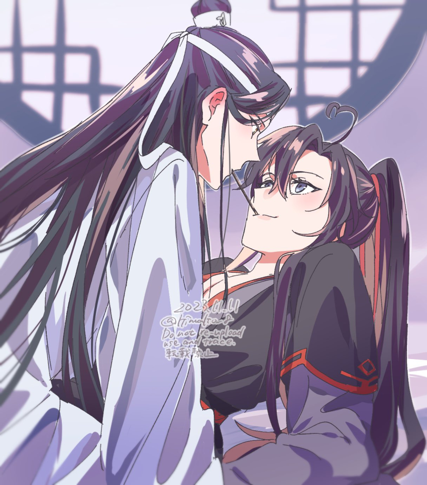 2boys ahoge bed_sheet black_hair black_hanfu blush chinese_clothes closed_mouth dated ear_blush eye_contact food food_in_mouth from_side hair_between_eyes hair_ribbon hanfu headband heart heart_ahoge high_ponytail highres indoors kimako_(kimako_8) lan_wangji lattice long_hair long_sleeves looking_at_another lying male_focus modao_zushi mouth_hold multiple_boys on_back on_bed pectoral_cleavage pectorals pocky pocky_in_mouth pocky_kiss ponytail profile purple_eyes red_ribbon ribbon robe round_window shared_food sidelocks sitting smile topknot twitter_username upper_body very_long_hair watermark wei_wuxian white_hanfu white_headband wide_sleeves window xiao_guan_(headdress) yaoi yellow_eyes