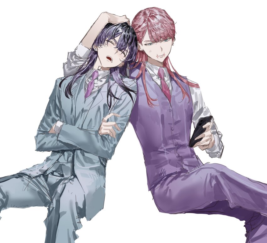 2boys absurdres arm_on_another&#039;s_shoulder blue_suit chamuring crossed_arms crossed_legs formal_clothes frown green_eyes haitani_rindou hand_on_another&#039;s_head head_rest highres holding holding_phone leaning_on_person leaning_to_the_side light_blue_jacket looking_at_phone male_focus multicolored_hair multiple_boys necktie open_mouth pants phone pink_hair purple_hair purple_necktie purple_vest saliva sanzu_haruchiyo scar scar_on_face shirt sitting sleeping sleeves_rolled_up suit teeth tokyo_revengers two-tone_hair upper_teeth_only vest white_shirt wolf_cut yaoi