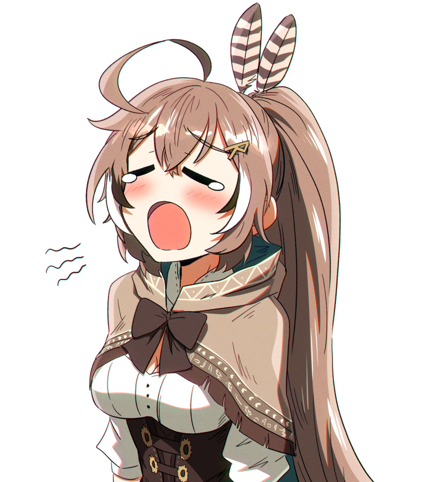 1girl ahoge brown_capelet brown_hair capelet closed_eyes ddolbang feather_hair_ornament feathers hair_ornament hairpin highres hololive hololive_english long_hair multicolored_hair nanashi_mumei nanashi_mumei_(1st_costume) open_mouth shirt solo streaked_hair very_long_hair virtual_youtuber white_background white_hair white_shirt