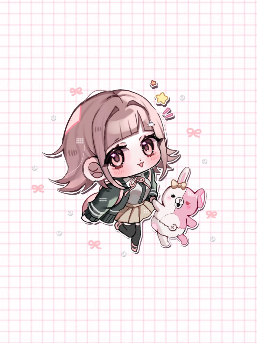 1girl :d animal_bag black_eyes black_jacket black_thighhighs blush bow brown_hair brown_skirt cat_bag chibi danganronpa_(series) danganronpa_2:_goodbye_despair diaper ear_bow heterochromia highres jacket medium_hair miniskirt monomi_(danganronpa) nanami_chiaki neck_ribbon notice_lines open_clothes open_jacket open_mouth pink_bag pink_ribbon pleated_skirt red_eyes ribbon shirt_tucked_in shoes skirt smile spaceship_hair_ornament star_(symbol) thighhighs two-tone_shirt white_background yuyu_(yuuyudayo1211)