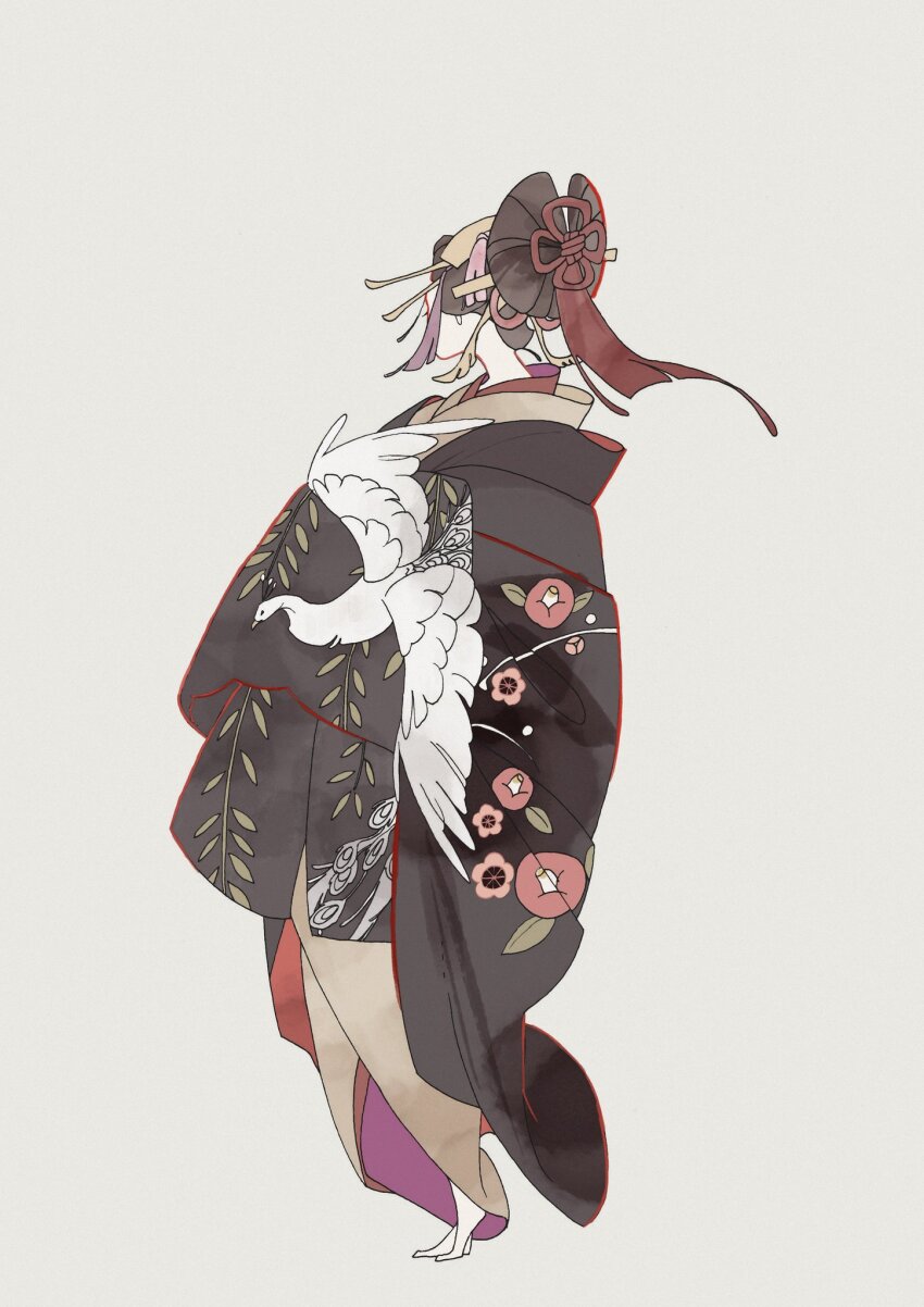 1girl bird black_hair black_kimono commentary_request floral_print floral_print_kimono from_side full_body grey_background hair_ornament hair_stick highres japanese_clothes kimono long_sleeves looking_to_the_side original print_kimono short_hair solo standing surie tassel tassel_hair_ornament updo white_bird wide_sleeves
