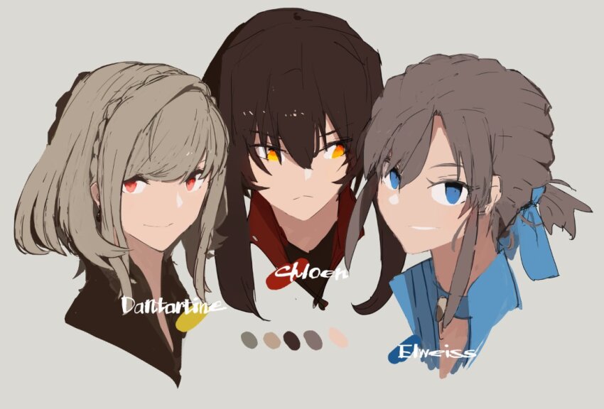 3girls bell black_shirt blonde_hair blue_bow blue_choker blue_eyes blue_shirt bow braid brown_hair brown_shirt character_name choker closed_mouth collared_jacket collared_shirt color_guide colored_eyelashes commentary_request cropped_shoulders crown_braid frown grey_background grin hair_between_eyes hair_bow high_collar jacket long_hair looking_at_another looking_at_viewer multiple_girls neck_bell original ponytail red_eyes red_jacket shirt short_hair_with_long_locks short_ponytail siirakannu simple_background single_hair_intake smile yellow_eyes
