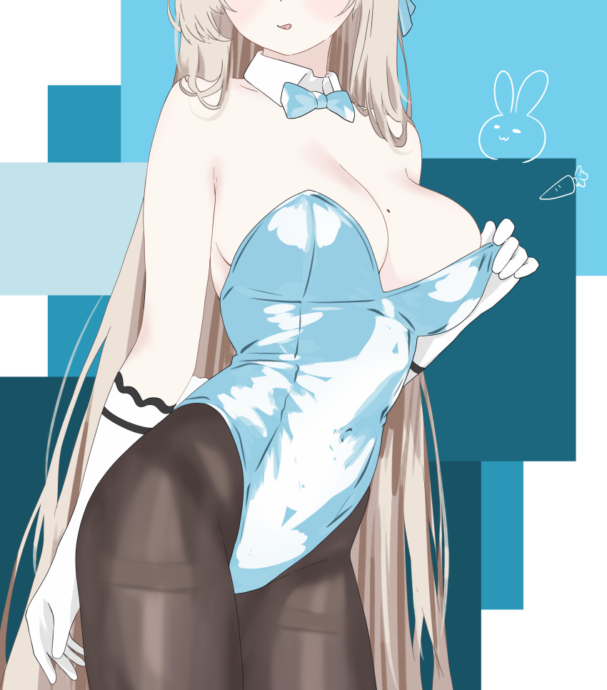 1girl 686panda absurdres asuna_(blue_archive) asuna_(bunny)_(blue_archive) bare_shoulders blonde_hair blue_archive blue_bow blue_bowtie blue_leotard blush bow bowtie breasts cleavage covered_navel detached_collar eyes_out_of_frame gloves head_out_of_frame highleg highleg_leotard highres large_breasts leotard leotard_pull long_hair mole mole_on_breast official_alternate_costume pantyhose parted_lips solo thighband_pantyhose white_gloves