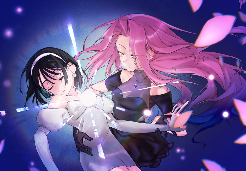 2girls alien_stage arm_around_back black_dress black_gloves black_hair blue_background bow chest_bow chinese_commentary closed_eyes clothing_cutout commentary_request dress dress_bow earrings elbow_gloves falling_petals gloves hairband highres jewelry long_hair mizi_(alien_stage) multiple_girls off-shoulder_dress off_shoulder partial_commentary pearl_earrings petals pink_hair pink_petals sekai_wo_kakumei_suru_chikara_wo short_hair shoujo_kakumei_utena shoulder_cutout stardust_(zhuzhuzhu611) sua_(alien_stage) very_long_hair white_bow white_dress white_gloves white_hairband yellow_eyes