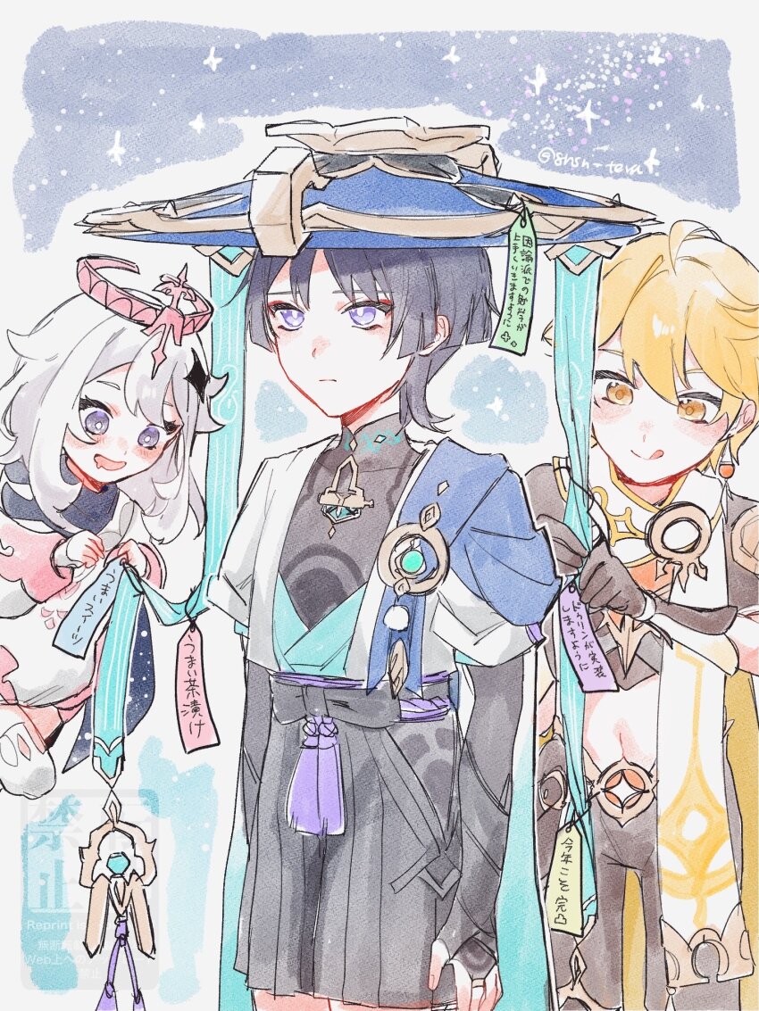 1girl 2boys :d aether_(genshin_impact) ahoge aqua_gemstone armor arms_at_sides belt black_belt black_bodysuit black_bow black_bridal_gauntlets black_gauntlets black_hair black_pants black_scarf black_shirt black_shorts blonde_hair blue_cape blue_hat blue_sleeves blunt_ends blush bodysuit bow bridal_gauntlets bright_pupils cape closed_mouth covered_collarbone cropped_shirt diamond_hair_ornament drooling eyeliner eyeshadow feathers furisode gem genshin_impact gnsn_tera gold gold_belt gold_ring gold_trim hair_between_eyes hakama hakama_shorts halo hat highres hip_vent japanese_armor japanese_clothes jingasa kimono kote kurokote layered_sleeves long_sleeves looking_at_object looking_to_the_side makeup mandarin_collar mechanical_halo middle_ring midriff mouth_drool multiple_boys navel open_mouth paimon_(genshin_impact) pants pink_halo pleated_shorts pom_pom_(clothes) purple_eyes purple_rope purple_sash red_eyeliner red_eyeshadow romper rope sash scaramouche_(genshin_impact) scarf shirt short_hair short_hair_with_long_locks short_sleeves shorts sidelocks simple_background single_thighhigh sky smile star_(sky) starry_sky tanabata tanzaku tassel thighhighs tongue tongue_out tsurime twitter_username tying unamused vision_(genshin_impact) wanderer_(genshin_impact) white_hair white_pupils white_romper white_scarf white_sleeves white_thighhighs wispy_bangs yellow_eyes yellow_feathers
