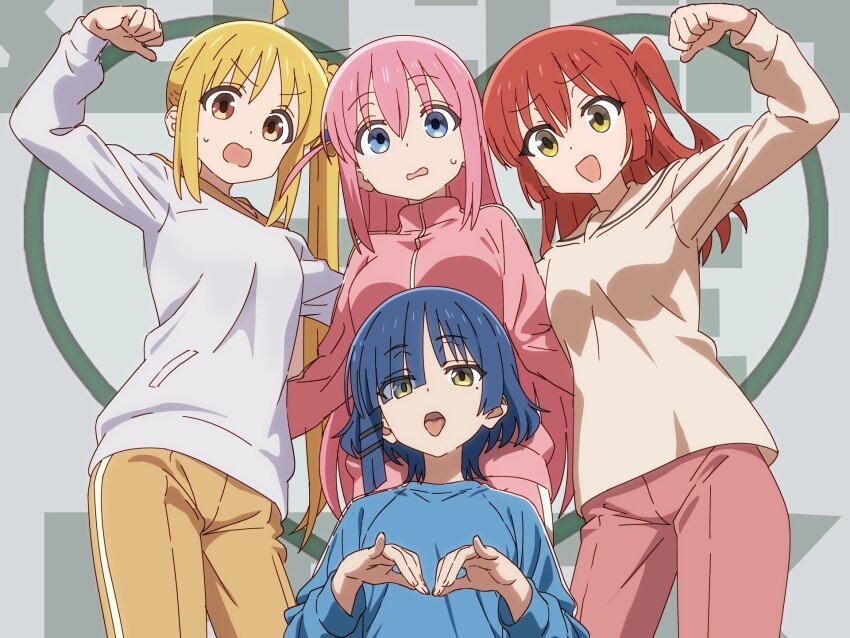 4girls :d ahoge arm_up blonde_hair blue_eyes blue_hair blue_shirt bocchi_the_rock! brown_eyes cube_hair_ornament fang gotoh_hitori hair_between_eyes hair_ornament hands_up highres hood hoodie ijichi_nijika jacket kessoku_band kita_ikuyo long_hair long_sleeves looking_at_viewer mole mole_under_eye multiple_girls one_side_up open_mouth pants pink_hair pink_jacket pink_pants pink_track_suit red_hair sailor_collar shirt short_hair side_ponytail sidelocks smile sweatdrop tongue tongue_out track_jacket track_pants track_suit v-shaped_eyebrows very_long_hair washu_junkyu white_sailor_collar white_shirt yamada_ryo yellow_eyes yellow_pants yellow_shirt