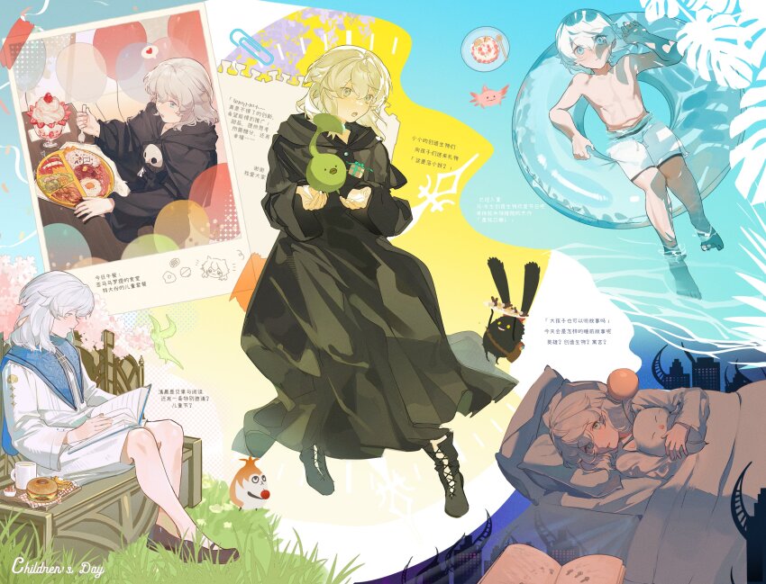 1boy :o absurdres aged_down alternate_costume axolotl balloon bed black_capelet black_footwear black_robe blue_eyes book book_on_lap brown_footwear burger capelet child children&#039;s_day creature cross-laced_footwear crossed_ankles cup final_fantasy final_fantasy_xiv food fork from_above full_body grass heart highres holding holding_fork ice_cream innertube korpokkur_(final_fantasy) looking_at_viewer male_swimwear mary_janes medium_hair moogle mug multiple_views open_book outdoors paissa paperclip photo_(object) pillow reading robe rou_bao_natie scrambled_egg shirt shoes short_hair shorts sitting soaking_feet sophist&#039;s_robe_(ff14) spoken_heart spriggan_(final_fantasy) sundae swim_ring swim_trunks themis_(ff14) under_covers water white_hair white_shirt white_shorts