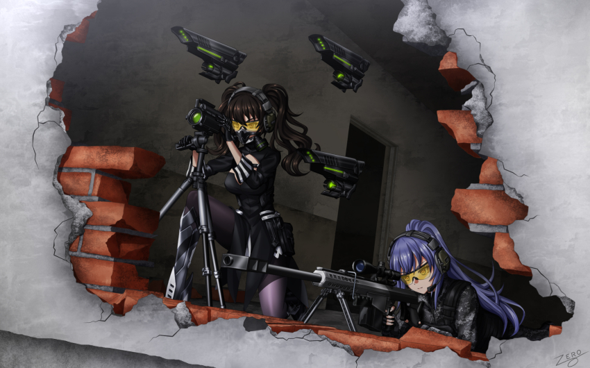 2girls aiming alternate_costume alternate_hairstyle anti-materiel_rifle azur_lane barrett_m82 bipod black_dress black_footwear black_gloves black_hair blue_hair boots breasts broken_wall brown_eyes brown_hair bulletproof_vest camouflage camouflage_jacket camouflage_pants closed_mouth commentary commission crossover dress drone ear_protection english_commentary essex_(azur_lane) fingerless_gloves fingernails floating floating_object floating_weapon girls&#039;_frontline gloves gun headset high_ponytail highres interior jacket kneeling long_hair long_sleeves lying mask medium_breasts medium_hair military multiple_girls muzzle_device on_stomach pants ponytail range_finder respirator rifle sangvis_ferri scarecrow_(girls&#039;_frontline) scope sidelocks signature sniper_rifle tinted_eyewear tripod twintails urban_camouflage weapon yellow-tinted_eyewear zero_(73ro)