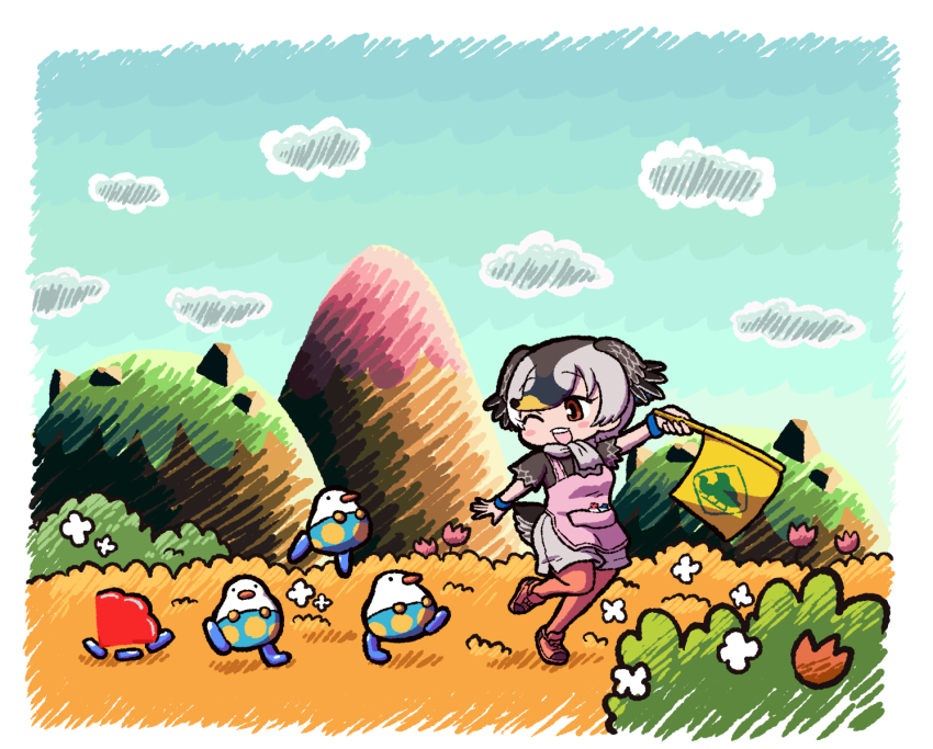 1girl apron arm_up bird_tail black_hair blonde_hair blush_stickers brown_hair chibi crossover day flag following full_body grey_hair highres kemono_friends kemono_friends_2 kotobuki_(tiny_life) pantyhose_under_shorts looking_at_another mario_(series) multicolored_hair nintendo one_eye_closed open_mouth outdoors outstretched_arms pantyhose red_eyes shirt short_sleeves shorts smile spot-billed_duck_(kemono_friends) super_mario_world_2:_yoshi&#039;s_island swept_bangs tail walking