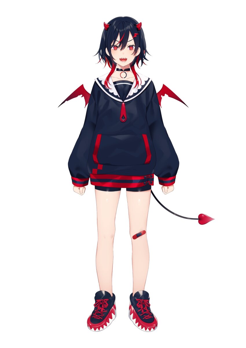 1girl absurdres achiki achiki_(vtuber) bandaid bandaid_on_knee bandaid_on_leg bike_shorts black_shirt collarbone double-parted_bangs full_body hair_between_eyes heart heart_tail highres horns indie_virtual_youtuber multicolored_hair open_mouth pendant_choker red_eyes red_horns red_wings sailor_collar sharp_teeth shirt shoes simple_background sleeves_past_wrists small_horns sneakers solo streaked_hair tail teeth torn_wings two-tone_hair virtual_youtuber white_background wings wolf_cut