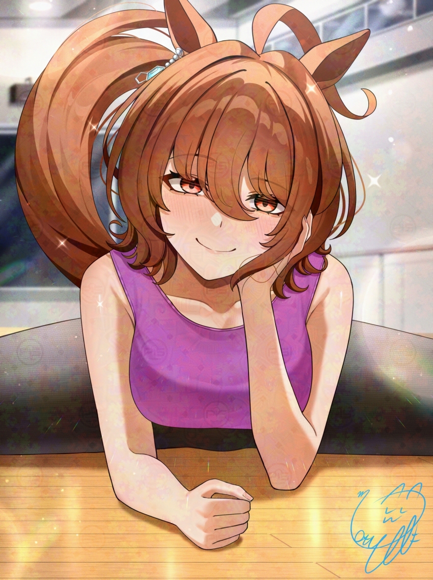 1girl adversarial_noise agnes_tachyon_(umamusume) ahoge alternate_costume animal_ears bare_shoulders blurry blurry_background blush breasts brown_hair closed_mouth commentary_request earrings hair_between_eyes hand_on_own_face head_rest highres horse_ears horse_girl horse_tail indoors jewelry leaning_forward lens_flare medium_breasts messy_hair motsushi on_floor on_ground purple_sports_bra red_eyes short_hair signature single_earring smile solo split sports_bra sportswear stretching tail umamusume watermark wooden_floor
