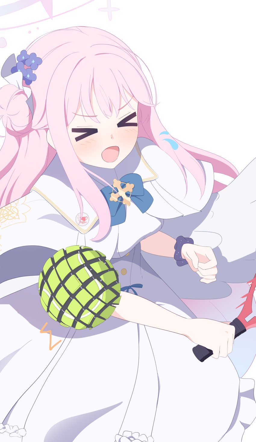 &gt;_&lt; :d absurdres angel_wings ball blue_archive blue_bow blue_bowtie bow bowtie commentary dress flower fortysansan hair_bun hair_flower hair_ornament halo highres holding_tennis_racket mika_(blue_archive) open_mouth pink_hair pink_halo racket sliced smile tennis_ball tennis_racket white_background white_dress wings xd