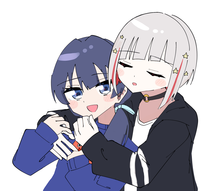 2girls :d black_choker black_jacket blue_eyes blue_hair blue_ribbon blue_sweater blush bob_cut choker colored_inner_hair diagonal_bangs grey_hair hair_ornament hair_ribbon highres hood hooded_jacket hug hug_from_behind inverted_bob jacket link!_like!_love_live! long_hair long_sleeves love_live! low_twintails magu_(cv_mgmgcup) multicolored_hair multiple_girls murano_sayaka murano_sayaka_(summer_loungewear) o-ring o-ring_choker open_clothes open_jacket open_mouth print_sweater red_hair ribbon short_hair simple_background smile star_(symbol) star_hair_ornament streaked_hair sweater tomato_print twintails upper_body virtual_youtuber white_background yugiri_tsuzuri yugiri_tsuzuri_(summer_loungewear)