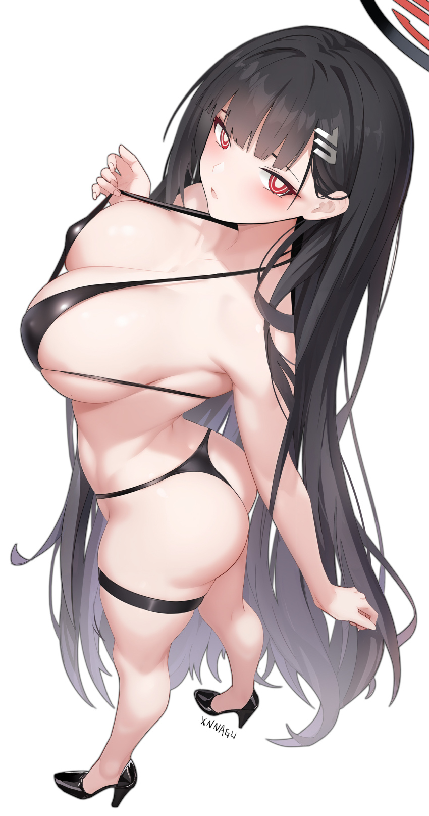 1girl absurdres alternate_costume ass bare_arms bare_legs bare_shoulders beach bikini black_bikini black_hair black_shoes blue_archive blunt_bangs blush breasts cleavage hair_behind_ear hair_ornament hairclip high_heels highres large_breasts long_hair looking_at_viewer ocean open_mouth red_eyes rio_(blue_archive) shoes sidelocks solo swimsuit thong_bikini very_long_hair xnnagu