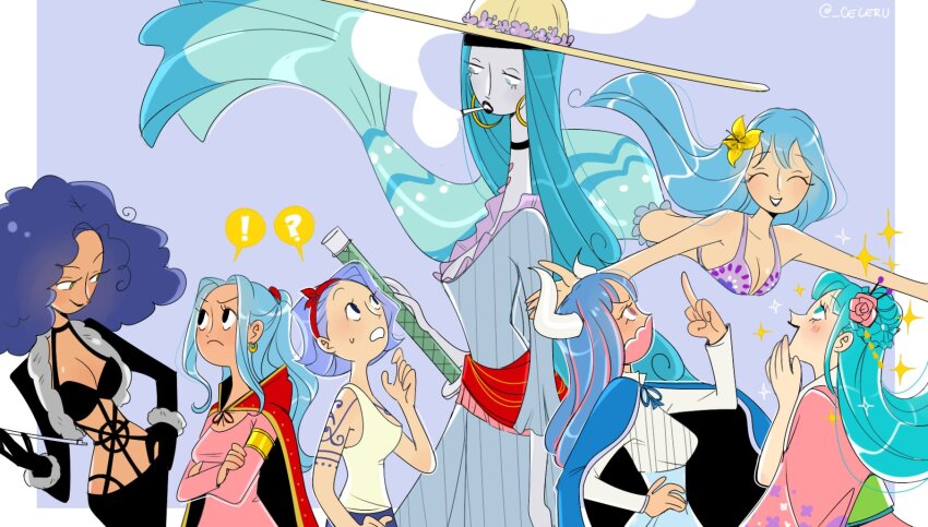 6+girls ^_^ aqua_hair arm_tattoo armlet black_choker black_gloves black_jacket blue_background blue_cape blue_hair border cape cesel charlotte_amande choker cigarette closed_eyes cropped_jacket dress earrings eye_contact floating_hair flower gloves hair_flower hair_ornament hairband half_updo hand_on_own_hip highres holding holding_smoking_pipe hoop_earrings horns jacket japanese_clothes jewelry kimono kouzuki_hiyori large_hat long_hair looking_at_another mermaid mero_(one_piece) middle_finger monster_girl multiple_girls nefertari_vivi nojiko_(one_piece) obi one_piece paula_(one_piece) pink_eyes pink_kimono red_hairband sash short_hair sidelocks smoke smoking_pipe sparkle sweatdrop tank_top tattoo ulti_(one_piece) white_border white_horns white_tank_top wide_sleeves