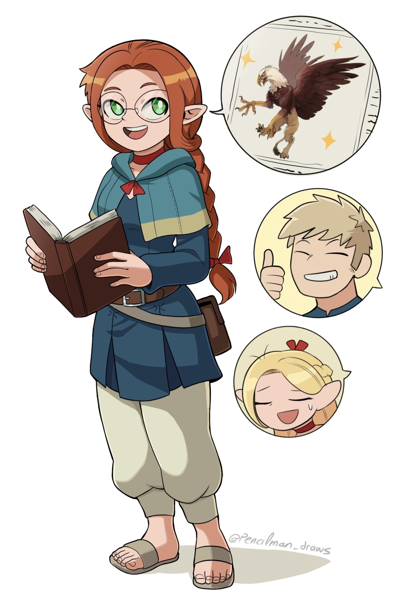 1boy 2girls absurdres blonde_hair blue_capelet book bow braid braided_ponytail breasts capelet commentary crown_braid dungeon_meshi english_commentary green_eyes grey_pants hair_bow highres holding holding_book if_they_mated laios_touden marcille_donato medium_breasts multiple_girls orange_hair pants pencilman_draws pointy_ears red_bow sandals single_braid sweatdrop thumbs_up tunic