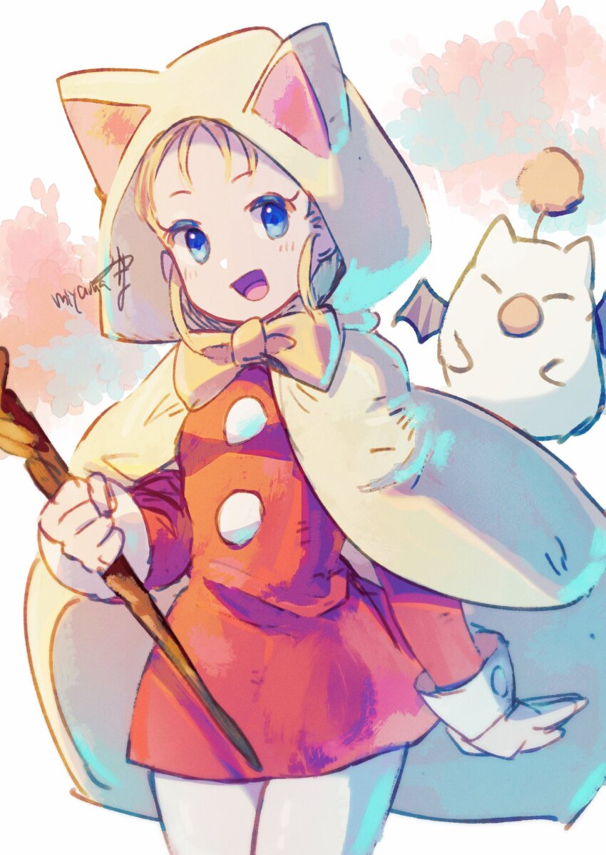 1girl animal_hood blonde_hair blue_eyes cape cat_hood dress final_fantasy final_fantasy_v highres holding holding_staff hood krile_mayer_baldesion_(ff5) looking_at_viewer miyama_(lacrima01) moogle open_mouth short_hair smile staff