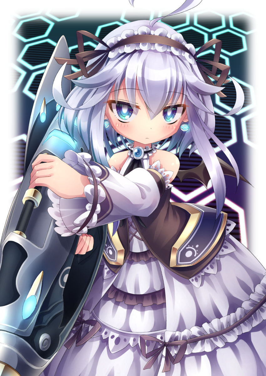 1girl ahoge bare_shoulders blue_eyes dress earrings emil_chronicle_online frilled_dress frills highres holding holding_cannon holding_weapon huge_weapon jewelry maid_headdress mecha_musume mitama_aria weapon white_dress white_hair yupi828