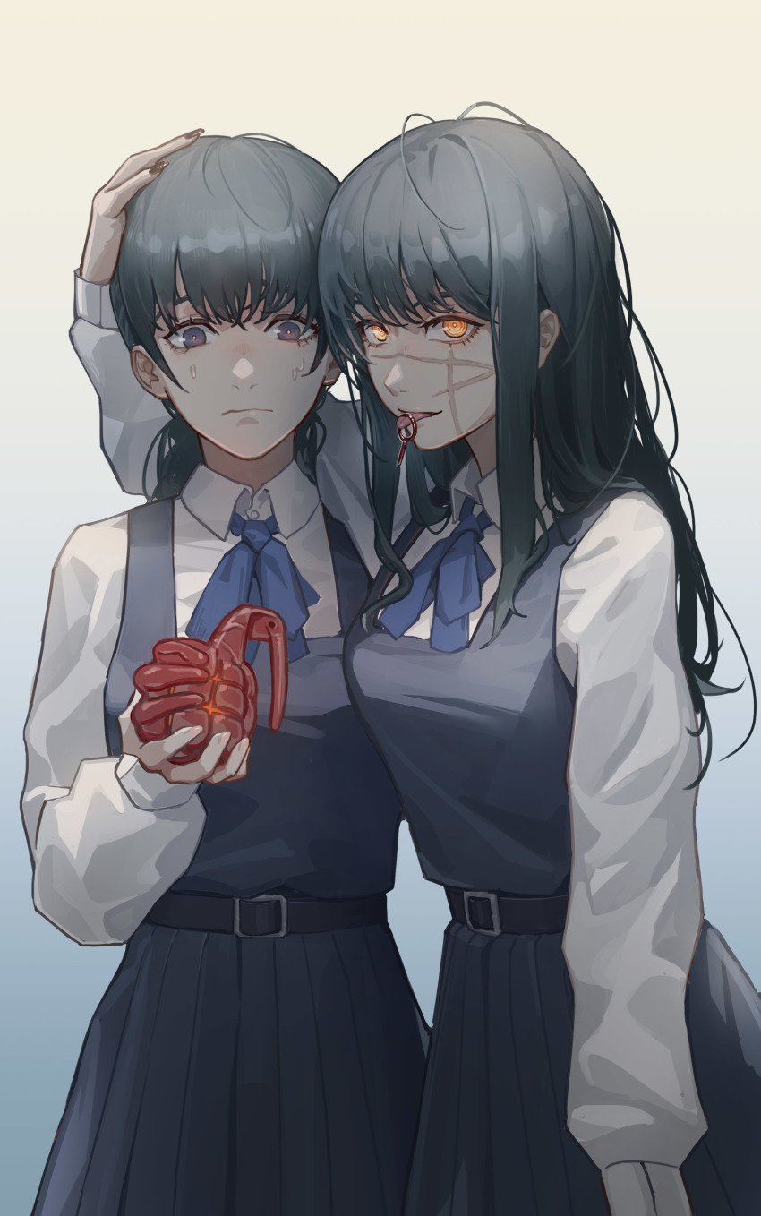 2girls absurdres belt belt_buckle black_hair blue_background blue_dress blue_eyes buckle chainsaw_man collared_shirt cowboy_shot dress dual_persona explosive facial_scar glowing glowing_eyes gradient_background grenade grenade_pin hand_on_another&#039;s_head highres holding holding_grenade long_hair long_sleeves looking_at_object looking_at_viewer medium_hair mitaka_asa multiple_girls neck_ribbon nervous orange_eyes piao_miao pinafore_dress ribbon ringed_eyes scar scar_on_cheek scar_on_face school_uniform shirt sidelocks sleeveless sleeveless_dress standing sweat tongue tongue_hold tongue_out two-tone_background white_shirt yellow_background yoru_(chainsaw_man)